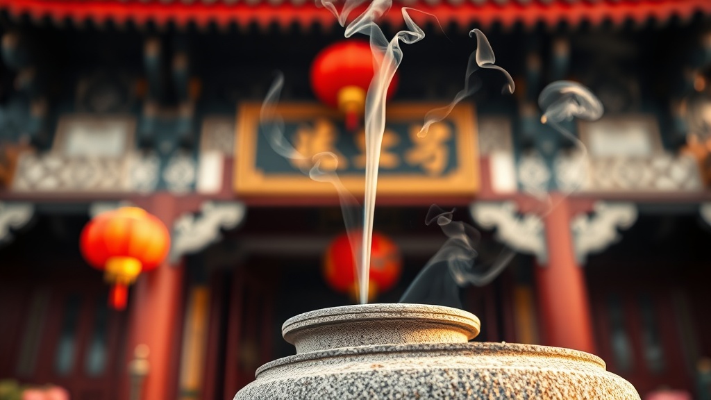 Brûle-encens en pierre devant un temple bouddhiste chinois avec lanternes rouges en arrière-plan