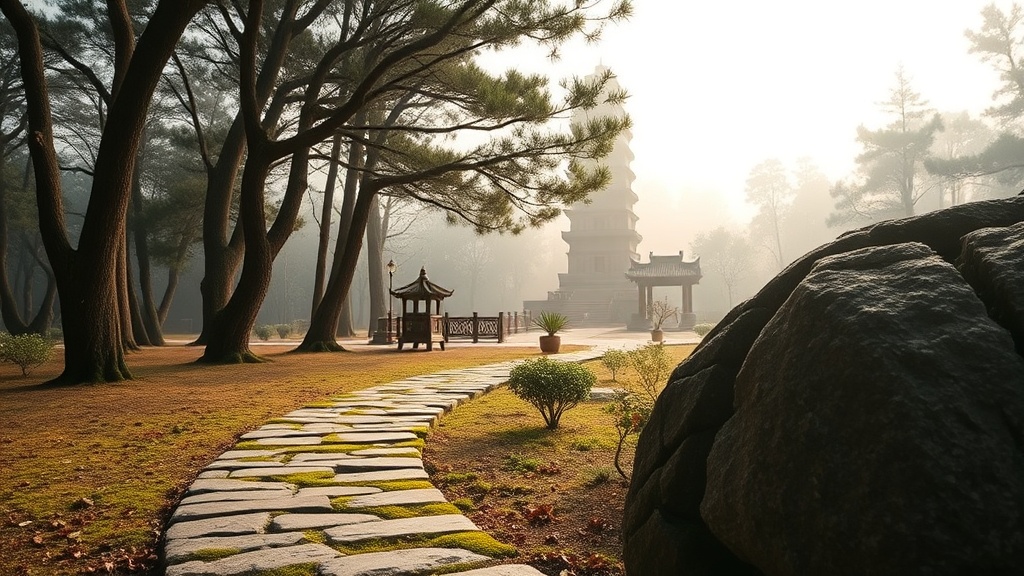 Allée de pierre dans un monastère bouddhiste chinois avec pagode ancienne visible entre les pins