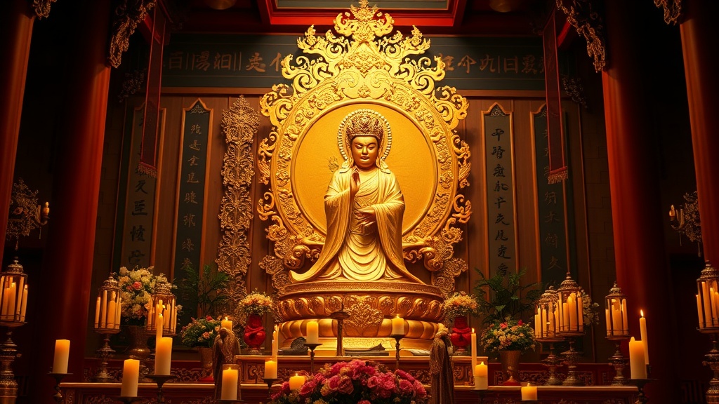 Autel doré avec statue de Guanyin dans un temple bouddhiste chinois, fleurs et bougies votives