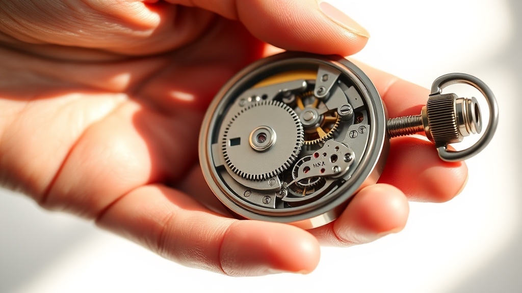 Close-up of a quartz wall clock movement showing battery compartment and gears