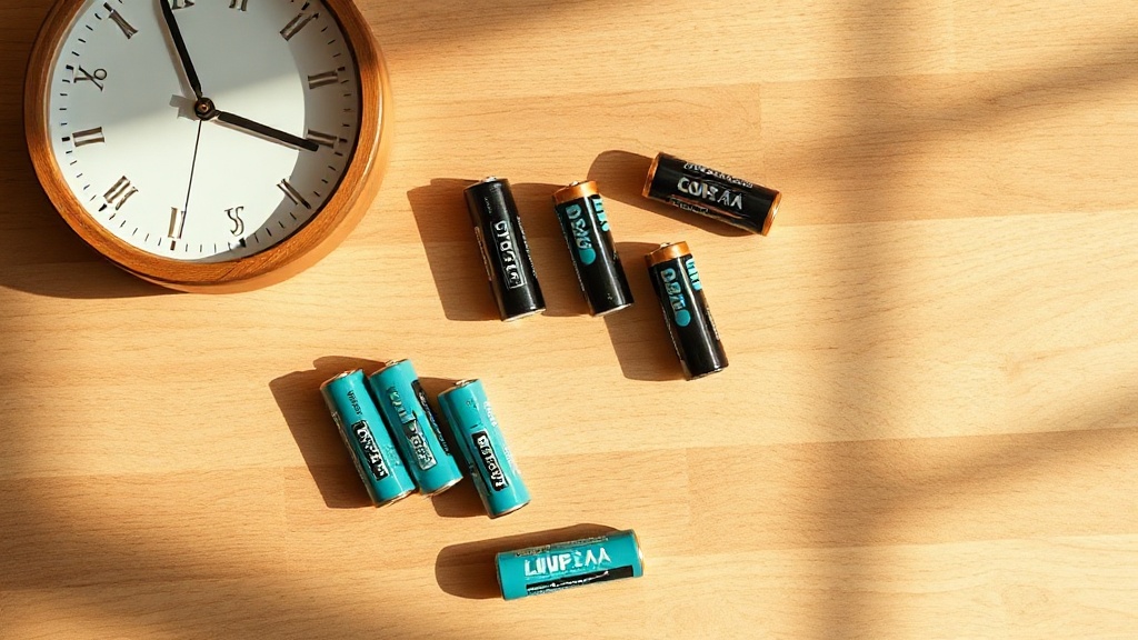 AA and AAA alkaline batteries arranged on a wooden surface next to clock hands