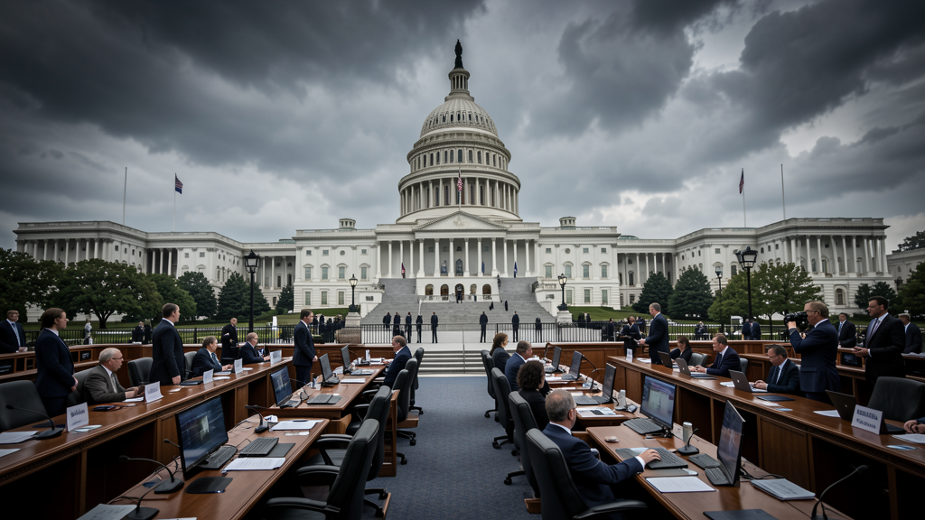 A photorealistic wide shot of the U.S. Capitol building under a serious overcast sky in Washington D.C., serious political atmosphere, no te
