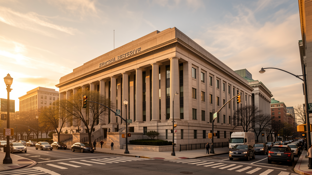 Photorealistic exterior of the Federal Reserve building in Washington D.C., serious financial atmosphere, golden hour lighting, wide angle s