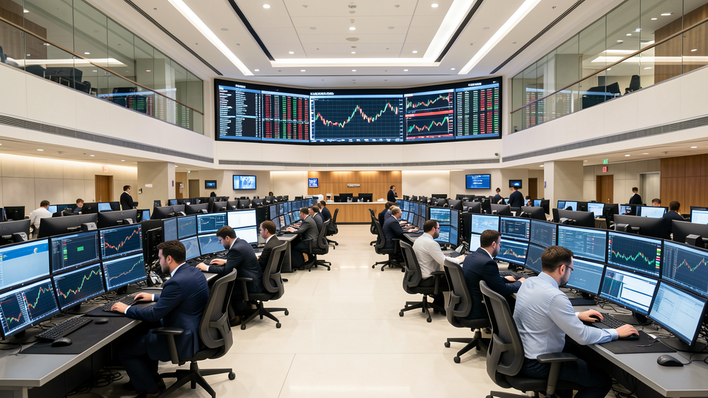 Photorealistic modern stock exchange trading floor interior, traders working at computer screens, professional financial atmosphere, bright