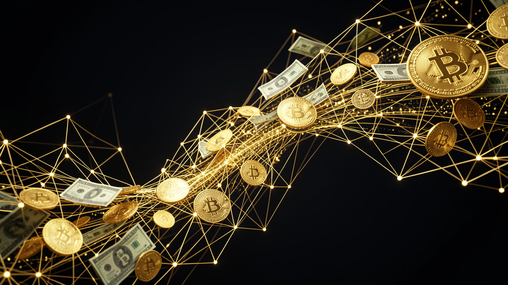 Photorealistic abstract digital art of blockchain nodes and data flow on dark background, futuristic financial technology atmosphere, cinema