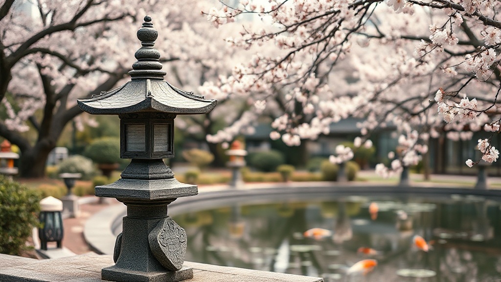 Lanterne de pierre japonaise entourée de cerisiers en fleurs dans le jardin diplomatique du Temple Qinglong