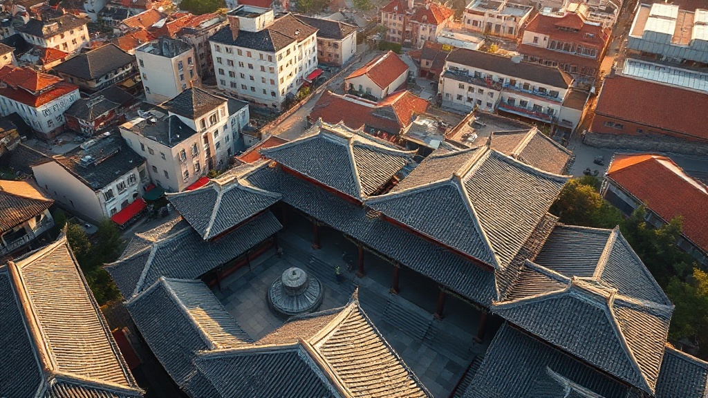 Vue d'ensemble du quartier du Temple Qinglong à Xi'an, toits de tuiles Tang entourés de la ville moderne