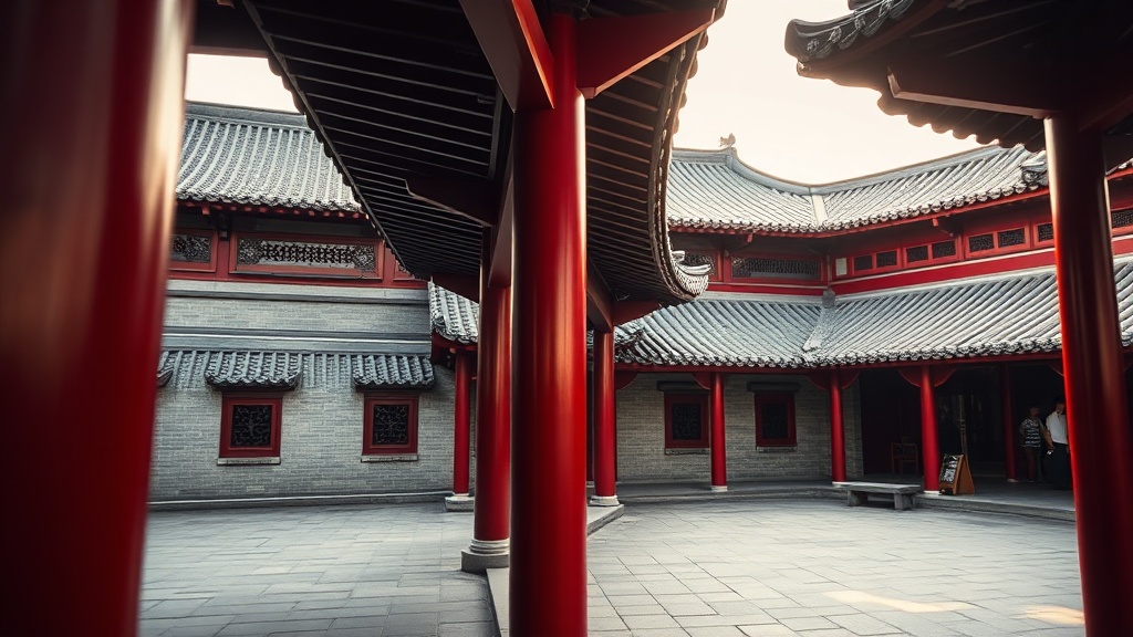 Détail architectural d'un pavillon Tang du Temple Qinglong, piliers rouges et tuiles grises vernissées