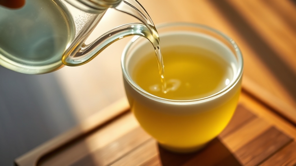 Thé vert sencha versé dans une tasse en céramique blanche, vapeur légère au-dessus