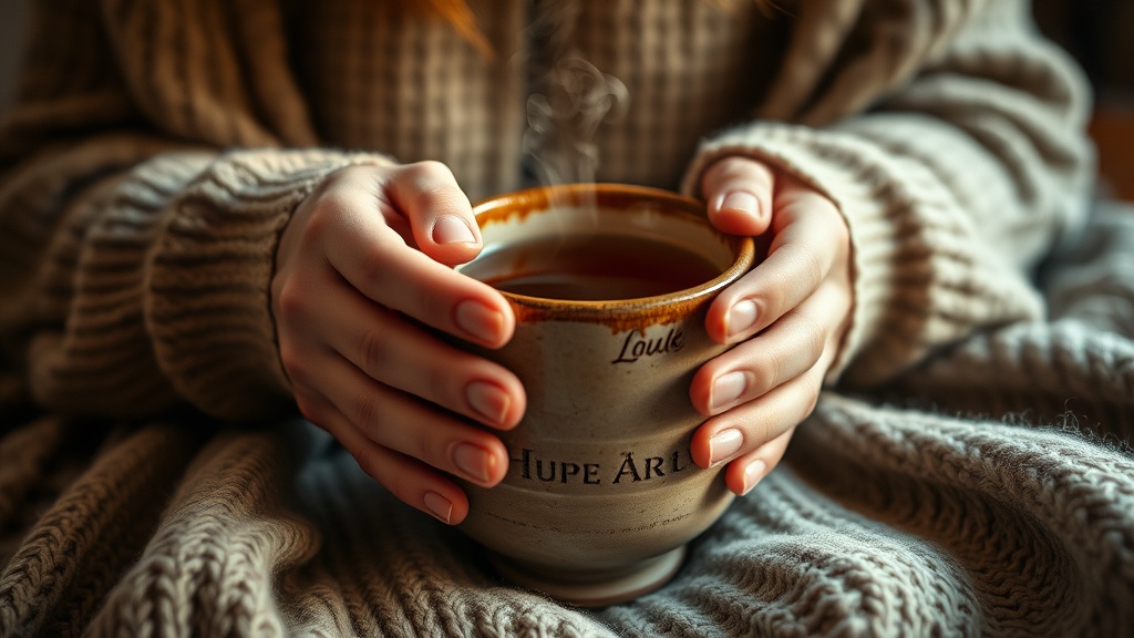 Mains tenant une grande tasse de tisane chaude dans une ambiance cosy à la maison