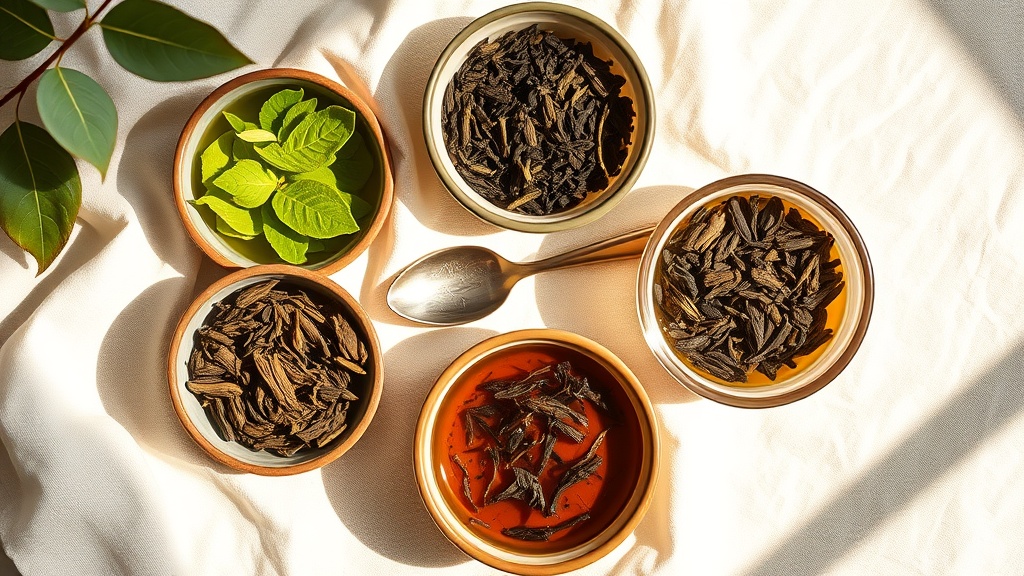 Quatre variétés de thé en vrac côte à côte : thé vert, oolong, pu-erh et thé blanc