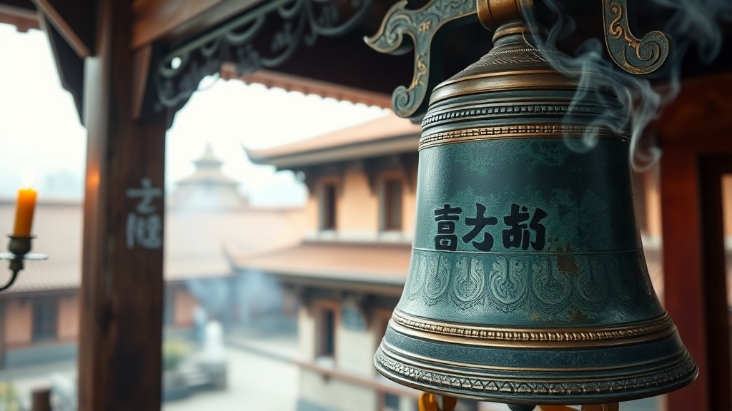 Cloche en bronze ancienne d'un temple bouddhiste chinois, patine verte et fumée d'encens