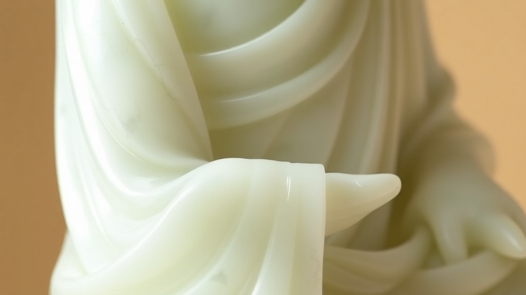 Détail de jade blanc birman sculpté, surface translucide et veines naturelles d'une statue bouddhiste