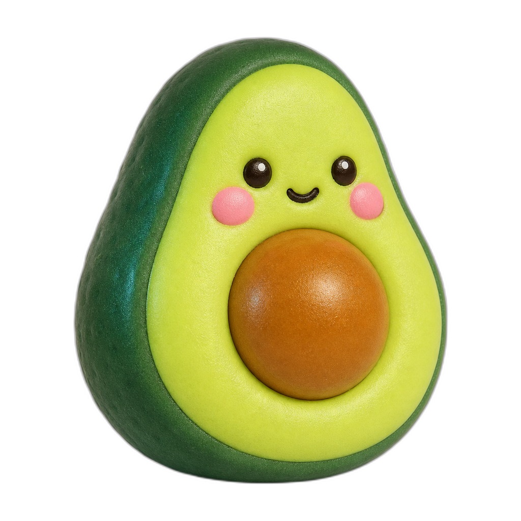 Guaca-Hugo — Guaca-Hugo is a huggable avocado pal with rosy cheeks and a shiny golden pit belly, perfectly squishy and kid-safe.