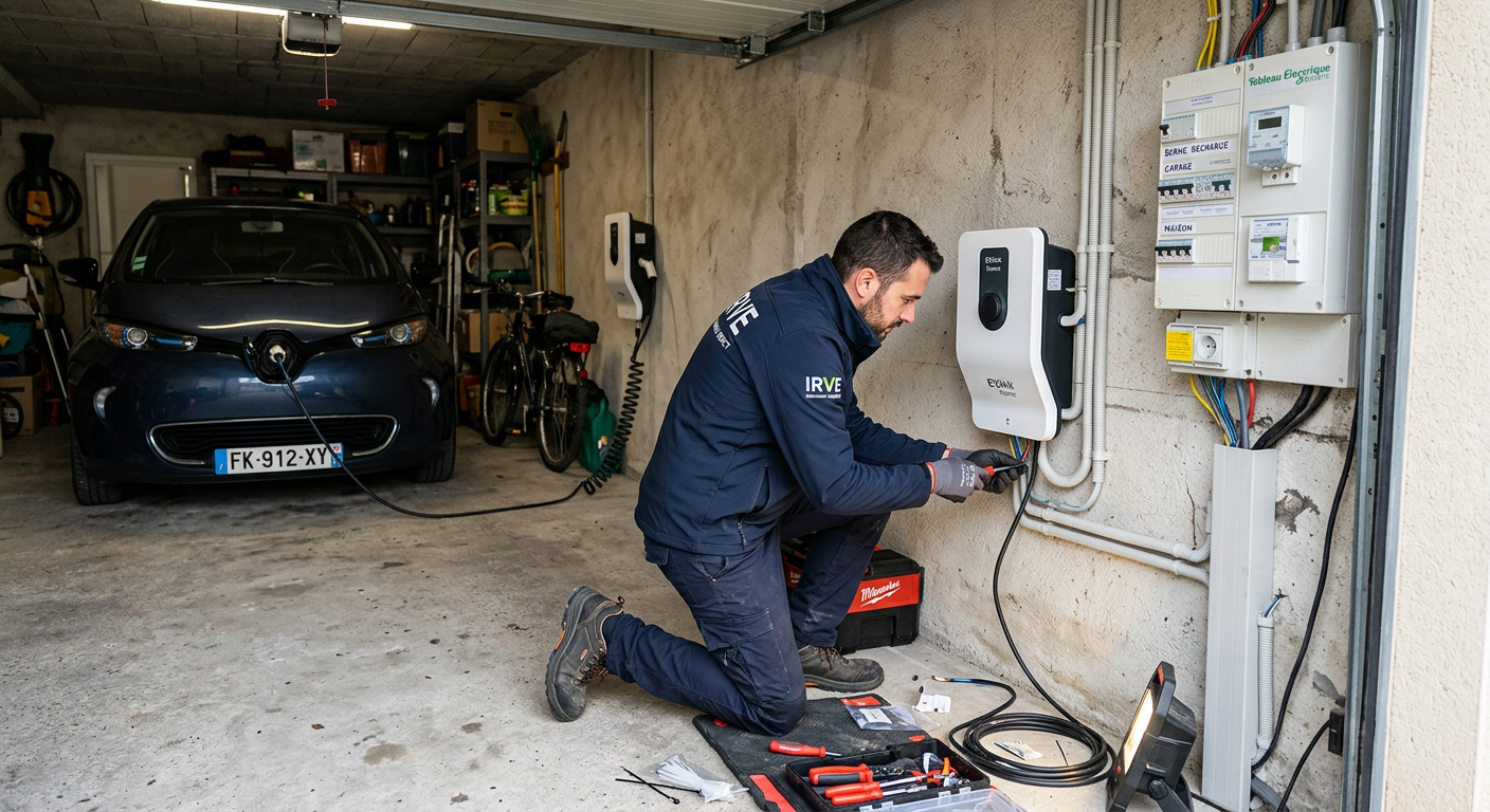 Installateur posant une borne de recharge électrique murale dans un garage résidentiel avec voiture branchée en arrière-plan