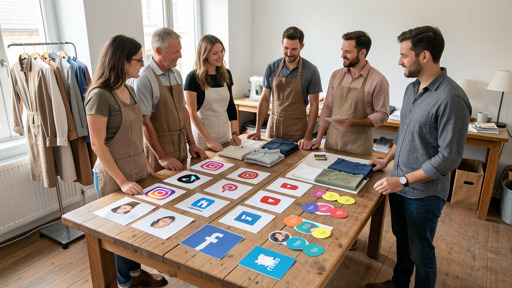 Équipe marchande autour d'une table de priorisation des réseaux sociaux avec fiches produits et cartes plateformes
