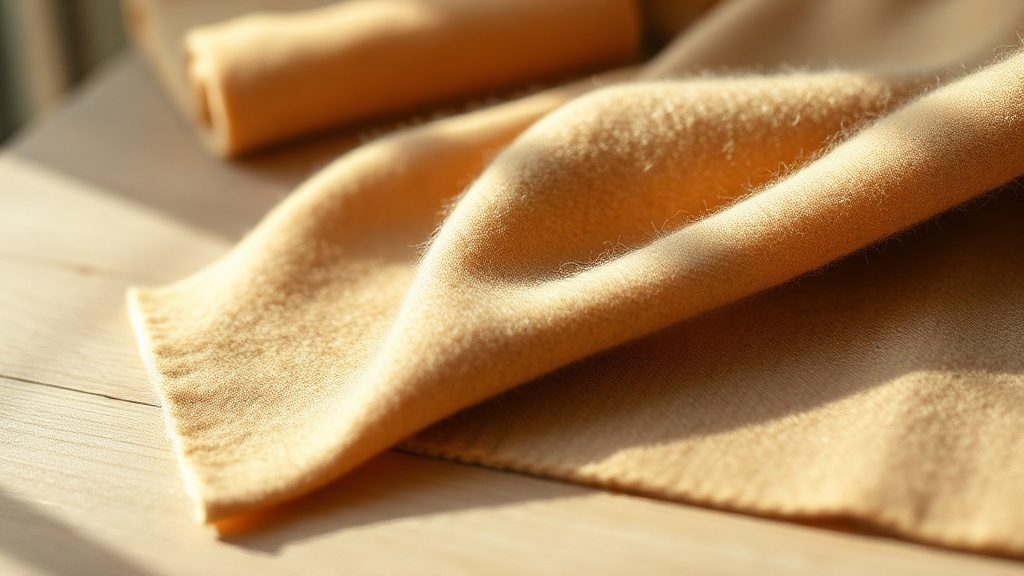Close-up of heavy camel cashmere overcoat fabric showing fine weave texture and soft fiber pile