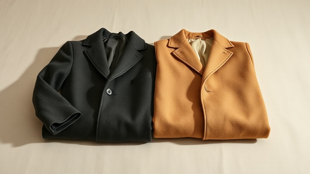 Camel and charcoal cashmere overcoats folded side by side for color comparison