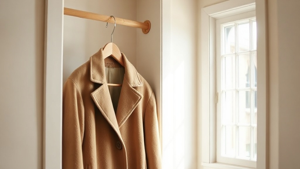 Camel cashmere overcoat hanging on a wide wooden hanger in a light wardrobe alcove