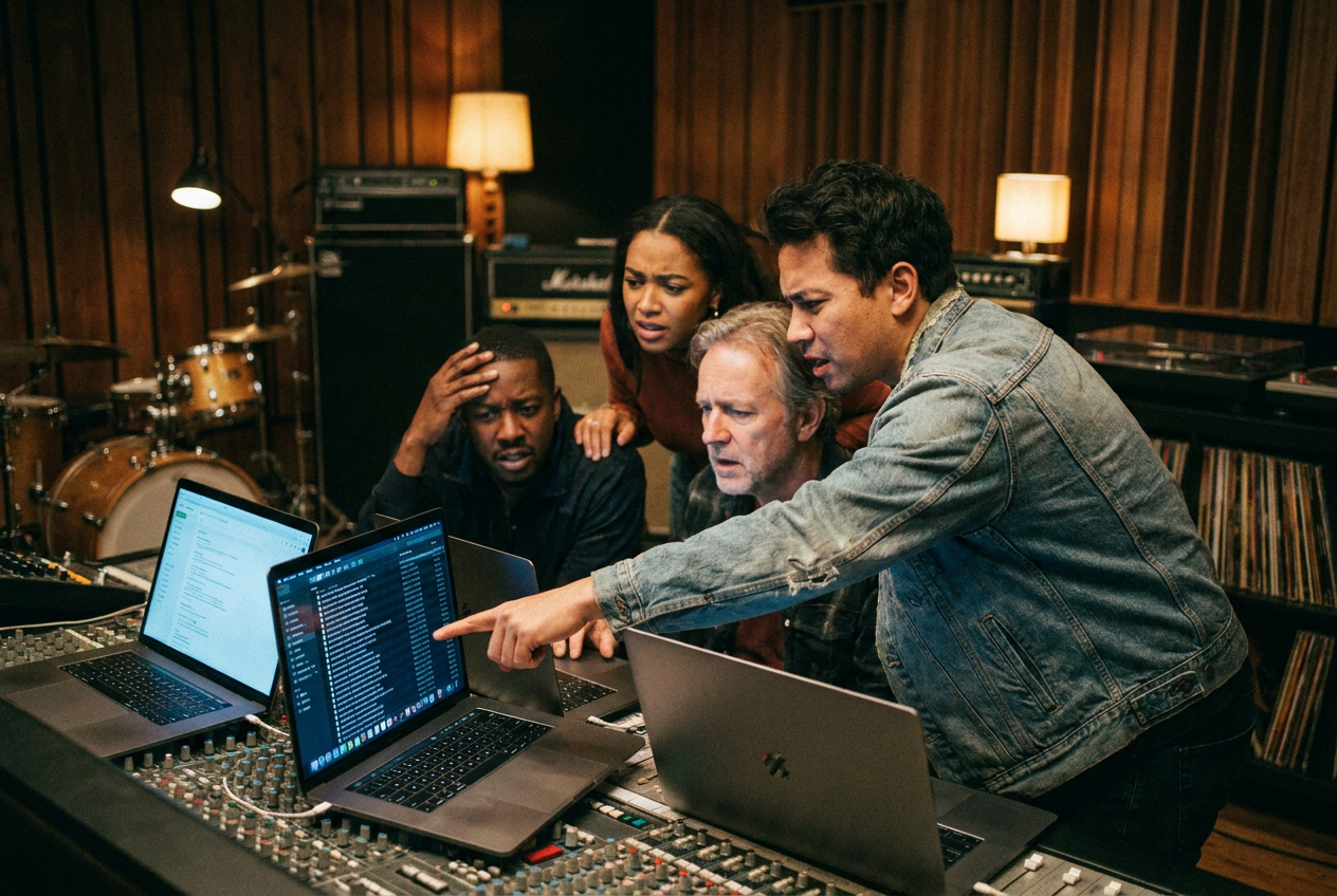 alt text: Musicians discovering their songs in AI training databases on laptop screens