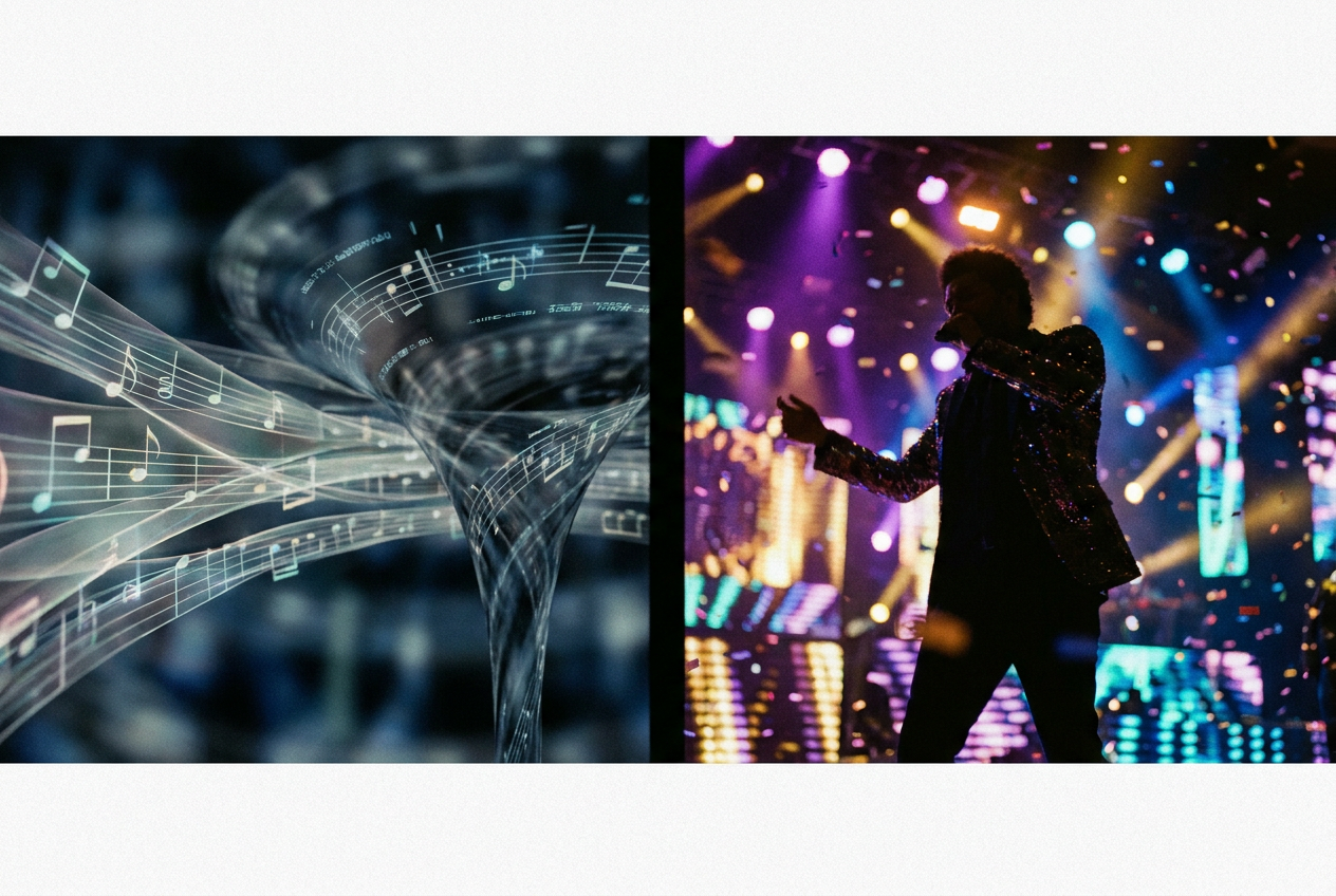 alt text: Split screen showing AI music generation versus AI music video creation