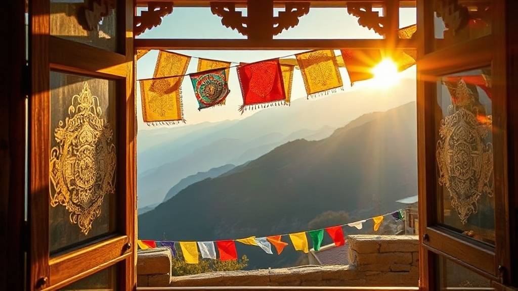 Vue de l'Himalaya depuis une fenêtre de monastère tibétain avec drapeaux de prières