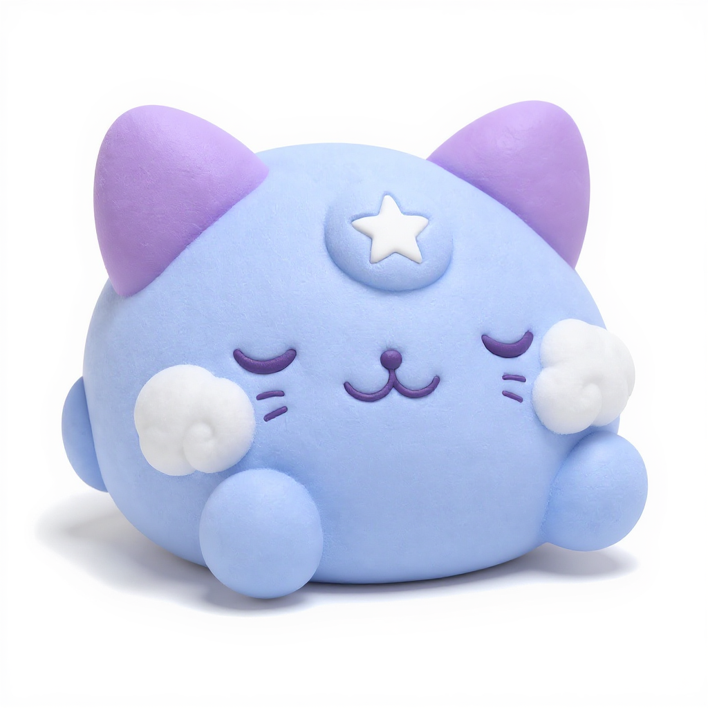 Cloudpurr — Cloudpurr is a dreamy periwinkle cloud-kitten with lavender ears, a sleepy smile, and fluffy white cheek-tufts—endlessly squishable.