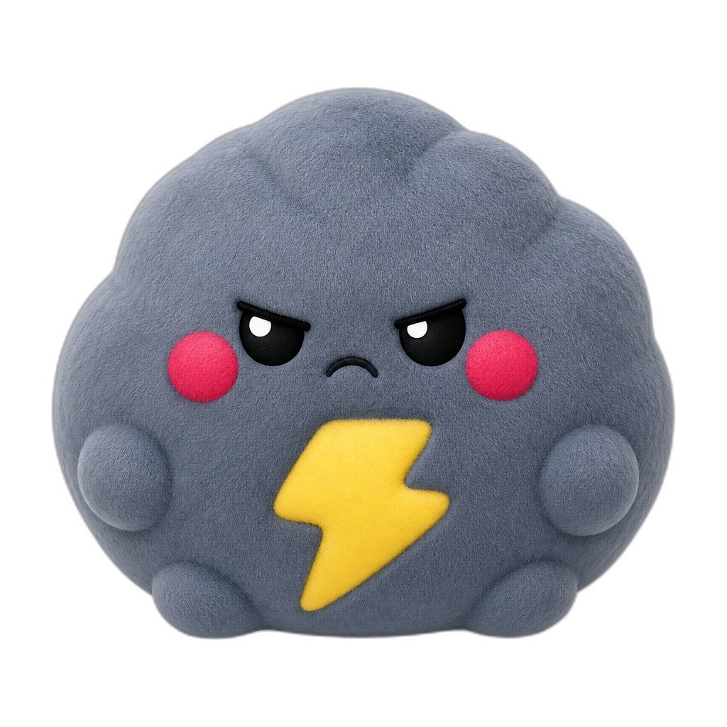 Thunderpuff — Thunderpuff is a grumpy little storm cloud who's secretly the cuddliest squishy blob, with deep rosy cheeks and a sunny lightning belly.