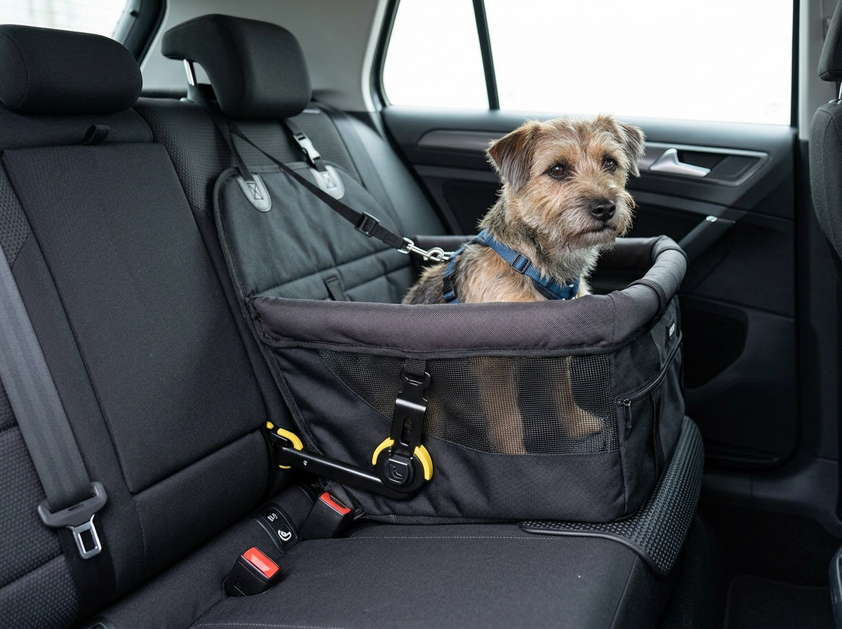 Fotelik dla psa zamocowany w samochodzie za pomocą systemu ISOFIX, podkreślający bezpieczeństwo i stabilność.