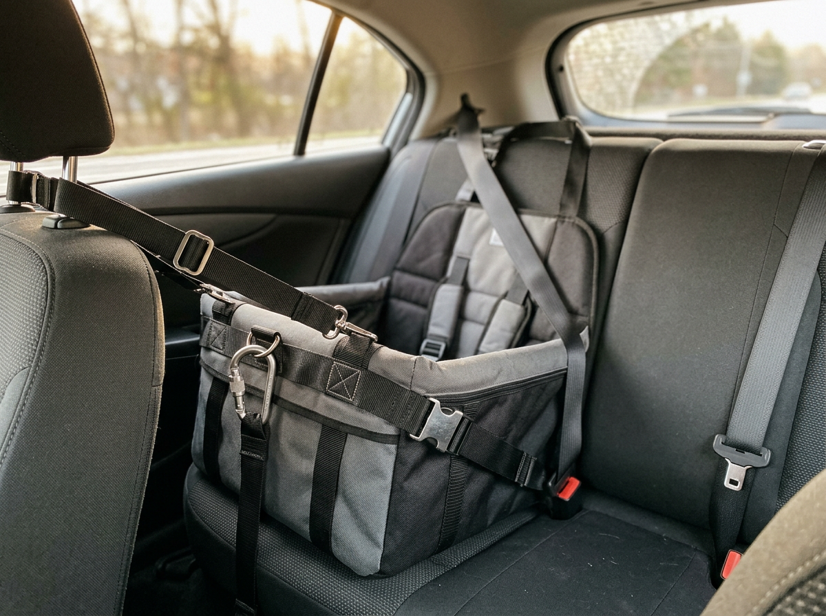 Fotelik dla psa w samochodzie z systemem mocowania ISOFIX i pasami bezpieczeństwa, z regulowanymi paskami i metalowym karabińczykiem.