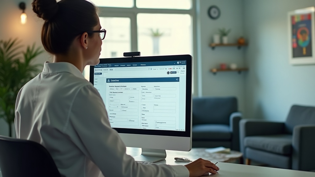 Recepcionista de clínica analisando formulário online com dados de pacientes.