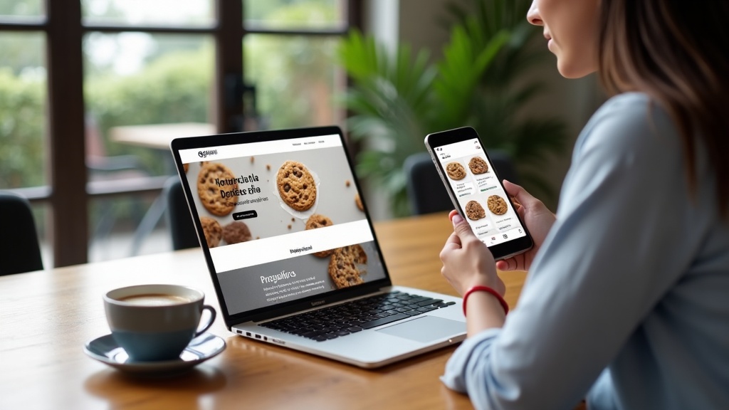 Profissional avaliando no notebook o banner de cookies exibido no site do consultório.