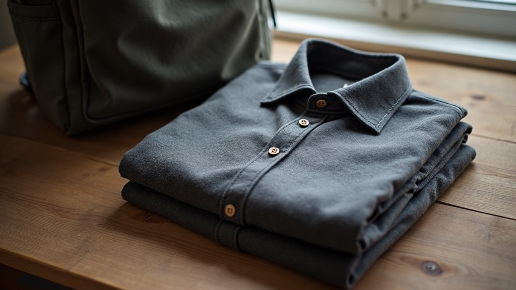 Camiseta de lana merino gris doblada junto a mochila de viaje