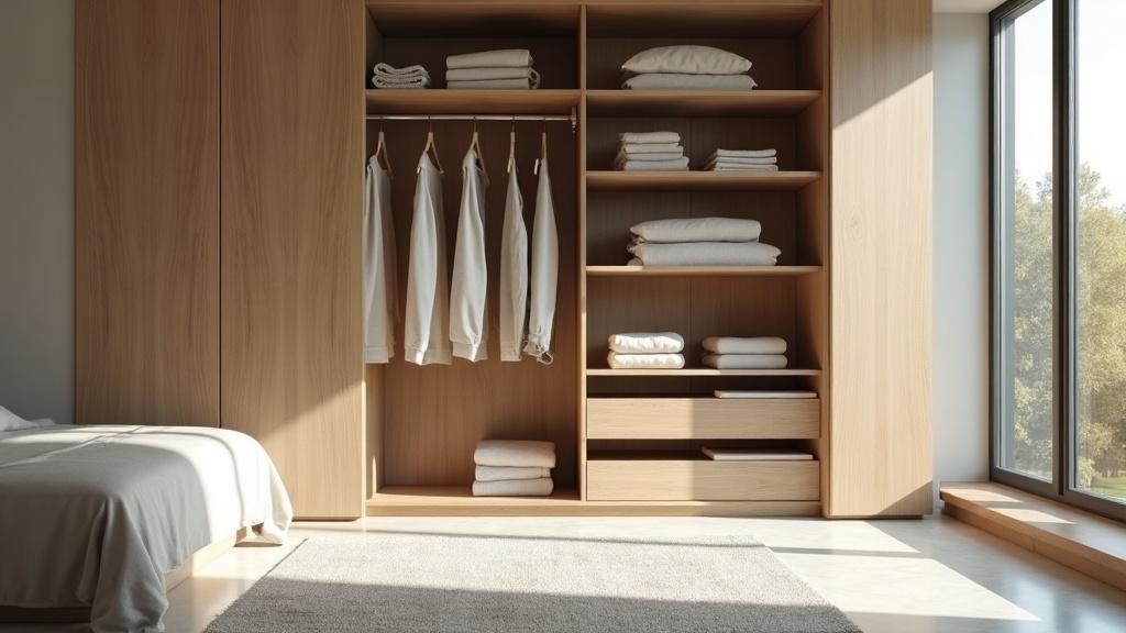 Ropa de buena calidad ordenada en estanterías de madera con luz natural