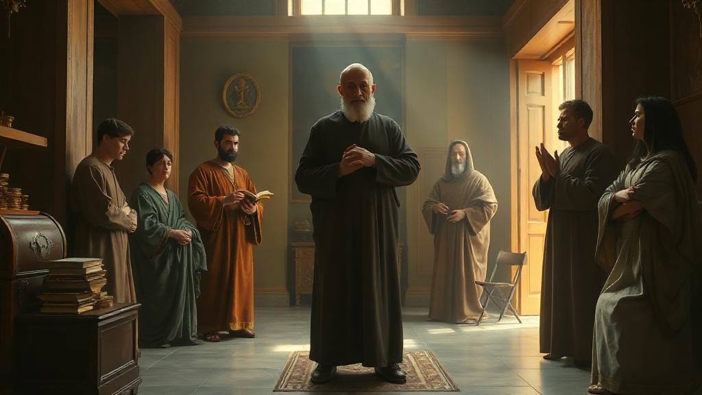 A serene religious scene contrasting worldly wealth and spiritual worth