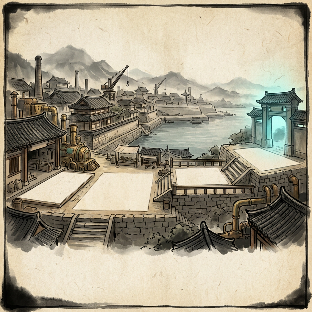Image: Wide 2D game background plate, exactly landscape c