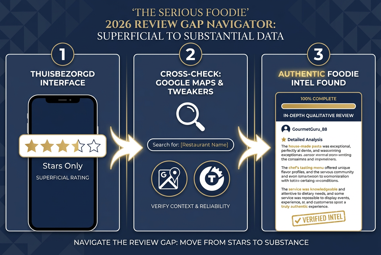 Workflow diagram showing how to find authentic restaurant reviews on Google Maps and Tweakers after Thuisbezorgd removed text comments.