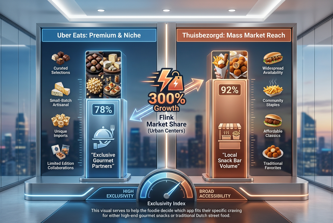 Market comparison matrix showing the difference between Uber Eats premium snack partnerships and Thuisbezorgd high-volume local reach.