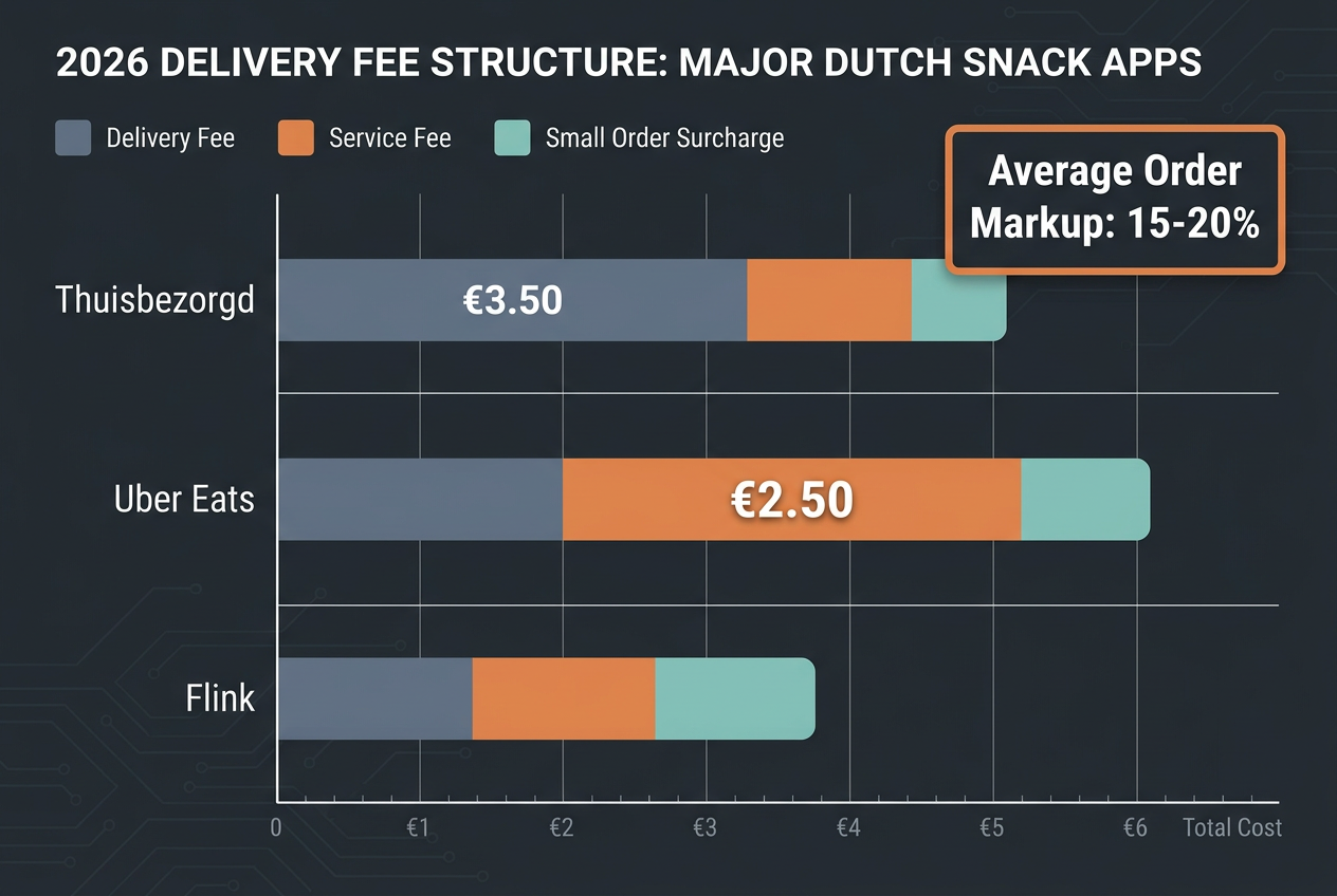Comparison chart of snack delivery fees in the Netherlands for 2026, showing service fees and delivery surcharges for Thuisbezorgd and Uber Eats.