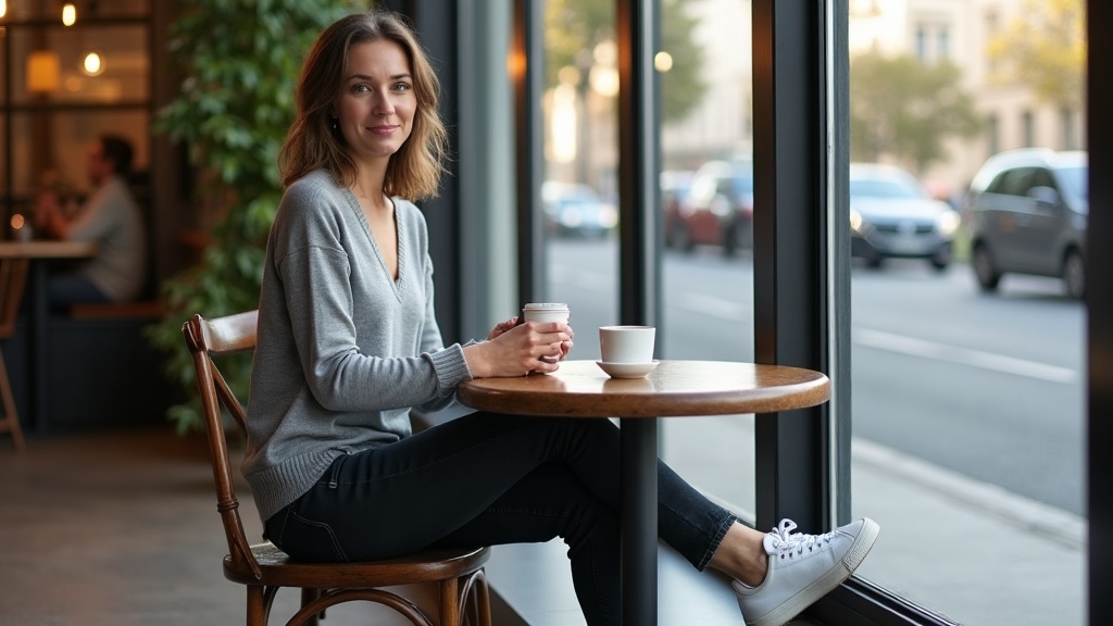 Outfit casual elegante mujer 35 años en cafetería urbana