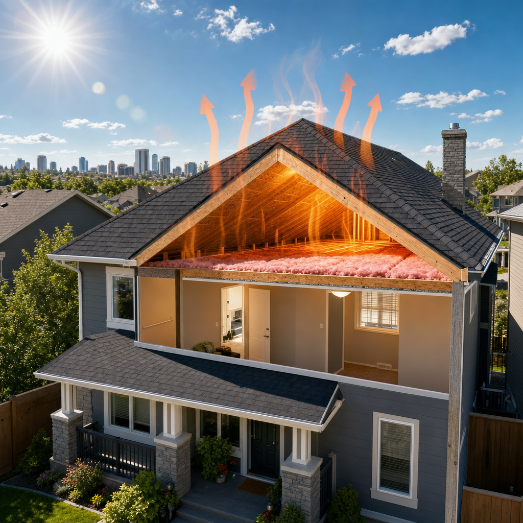 Calgary home in summer sunshine showing how an overheated attic drives up cooling costs for homeowners