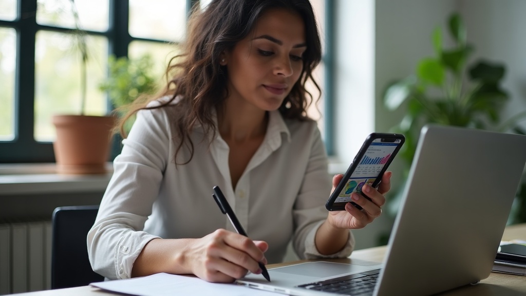 Empreendedora analisando insights do Instagram para escolher posts que virarão artigos de blog.