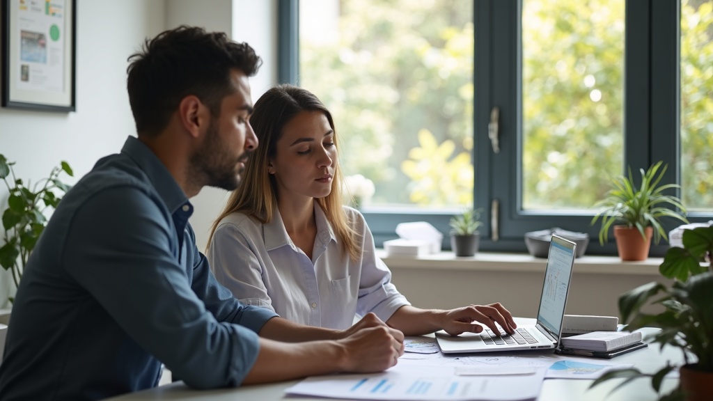 Profissional brasileiro revisando a estrutura do site e do blog com consultor de marketing.