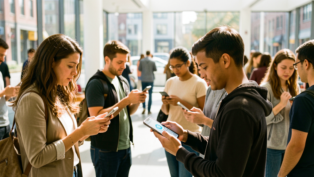 Diverse group of people using smartphones in a modern public space, one checking an AI assistant app. Bright natural daylight, documentary j
