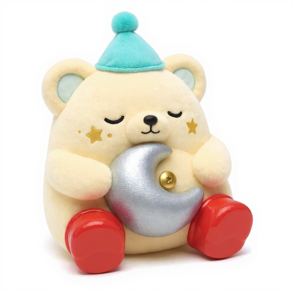 Moonpuff — Moonpuff is a sleepy marshmallow moon-bear with a silver crescent, teal star freckles, and tiny golden boots—huggably soft and kid-safe.