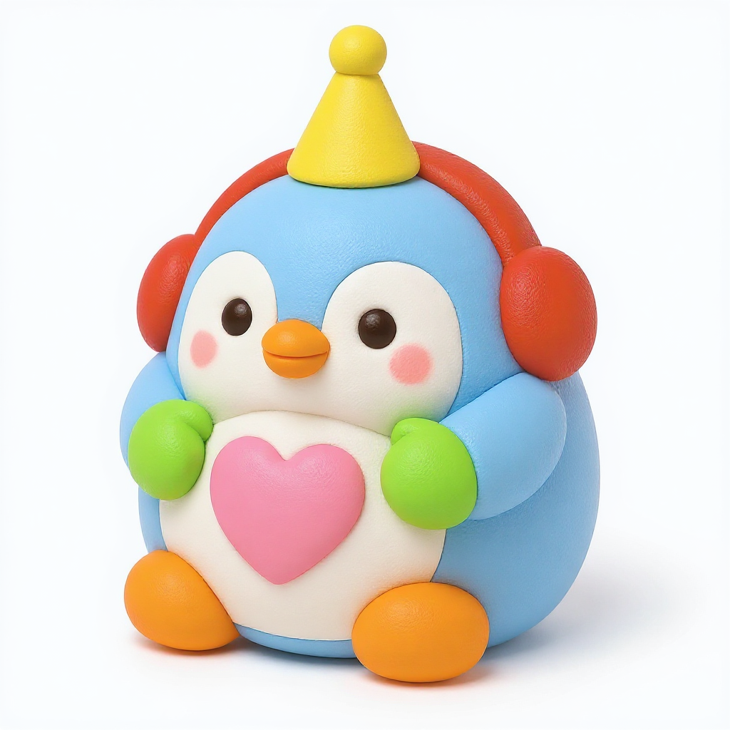 Waddles — Meet Waddles, a round powder-blue penguin with rosy cheeks, orange earmuffs, a heart tummy, and cozy green mittens.