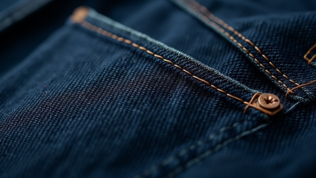 Detalle de tejido denim de alta densidad con remache de cobre