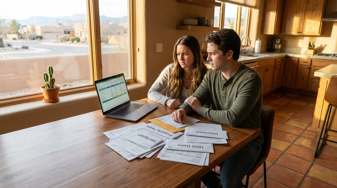 Young couple at a kitchen table in a Southwest-style home, laptop open to mortgage numbers, surround