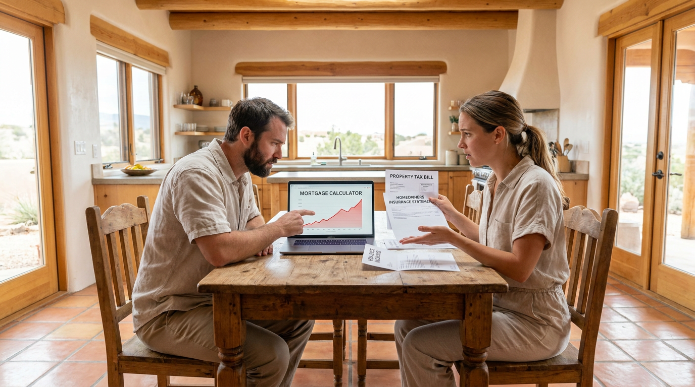 Couple in their early 30s sitting at a kitchen table in a Southwest-style home, laptop open showing 