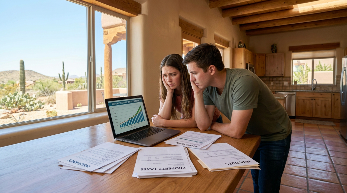 Young couple sitting at a kitchen table in a bright Southwestern-style home, worried expressions, la